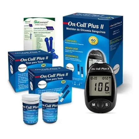 Kit Glicosímetro On Call Plus II Azul Escuro com 100 Tiras e 100 Lancetas