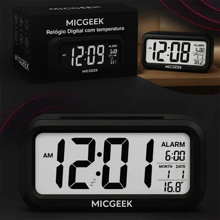 Relógio Despertador Digital Alto De Mesa Cabeceira Temperatura Calendário Com Sensor de Lu