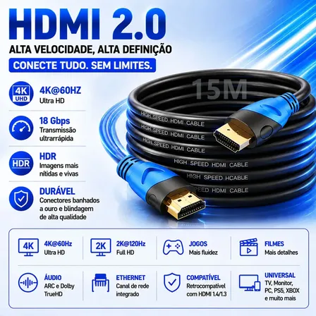 Cabo HDMI 2.0 15m, Para Tela Grande, 4K 120Hz, 48Gbps, eARC, HDR10, Compatível com TV e Pr