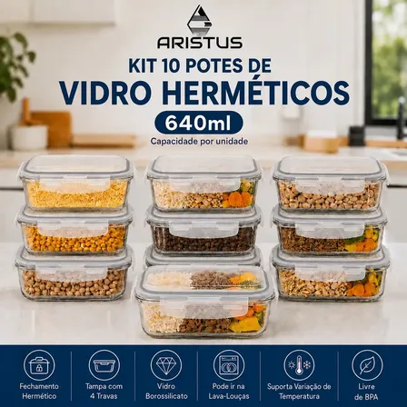 Kit 10 Potes Vidro Hermético Aristus 640ml Marmita Anti Vazamento Forno Micro-ondas Freeze
