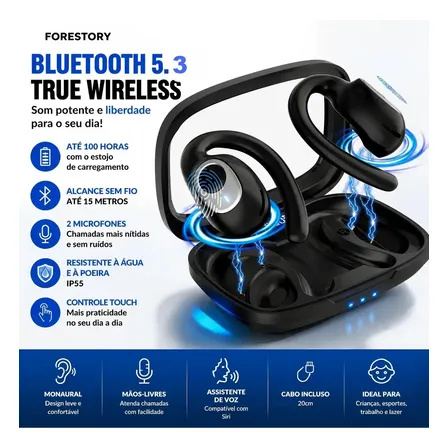 FORESTORY Fone de Ouvido Bluetooth 5.4 OWS TWS Sem Fio X5 Open Ear Esportivo com Gancho Di