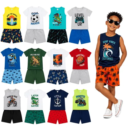 Kit 4 peças Conjunto Verão Infantil e Juvenil Masculino 2 Conjuntos Menino Tamanho 01 ao 14