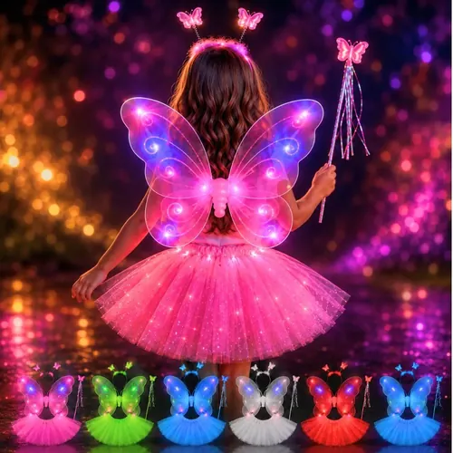 Fantasia Asa Borboleta Fada com LED Pisca Completa Adulto e Infantil Varinha + Tiara Festa Carnaval