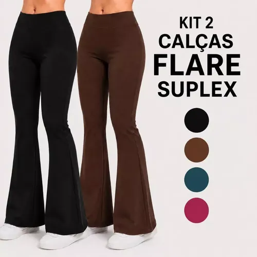 Kit 2 Calças Legging Flare Leg Bailarina Feminina Suplex Cintura Alta Sem Transparência Cós alto Calça Boca de Sino